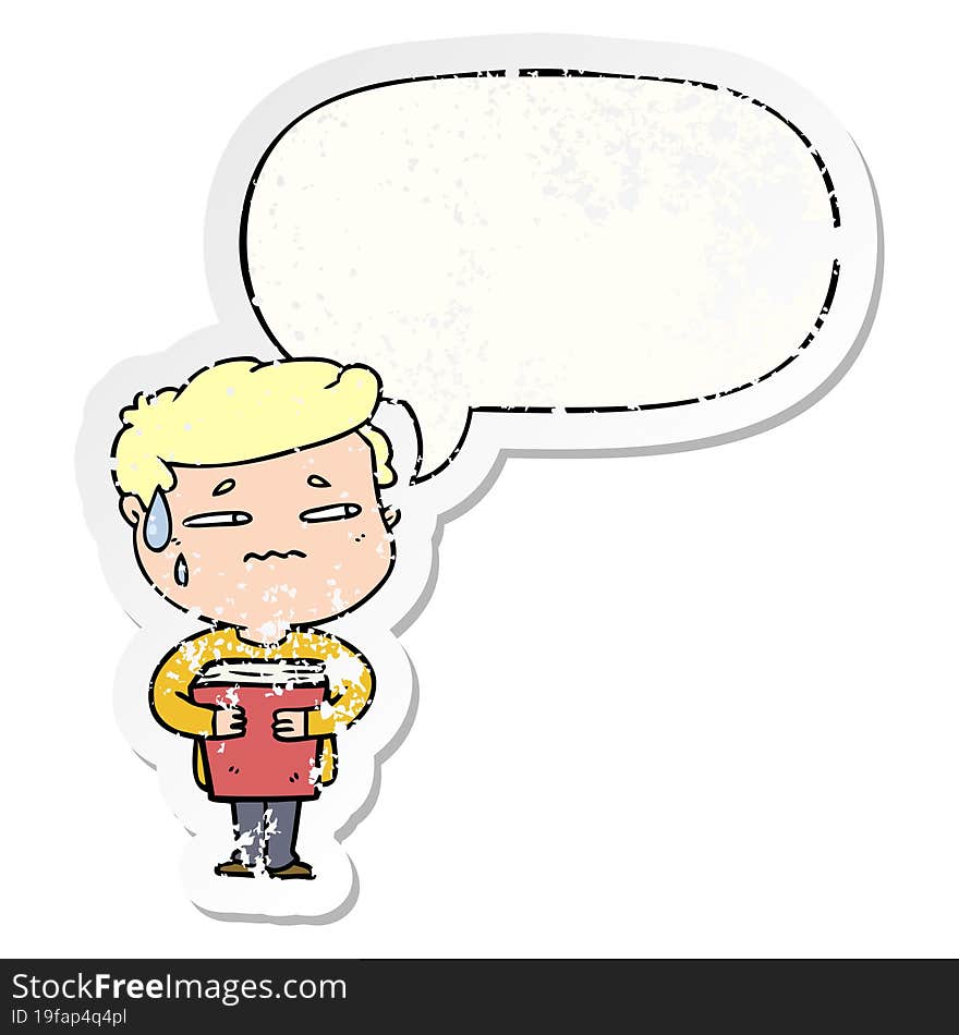 Cartoon Anxious Boy Carrying Book And Speech Bubble Distressed Sticker