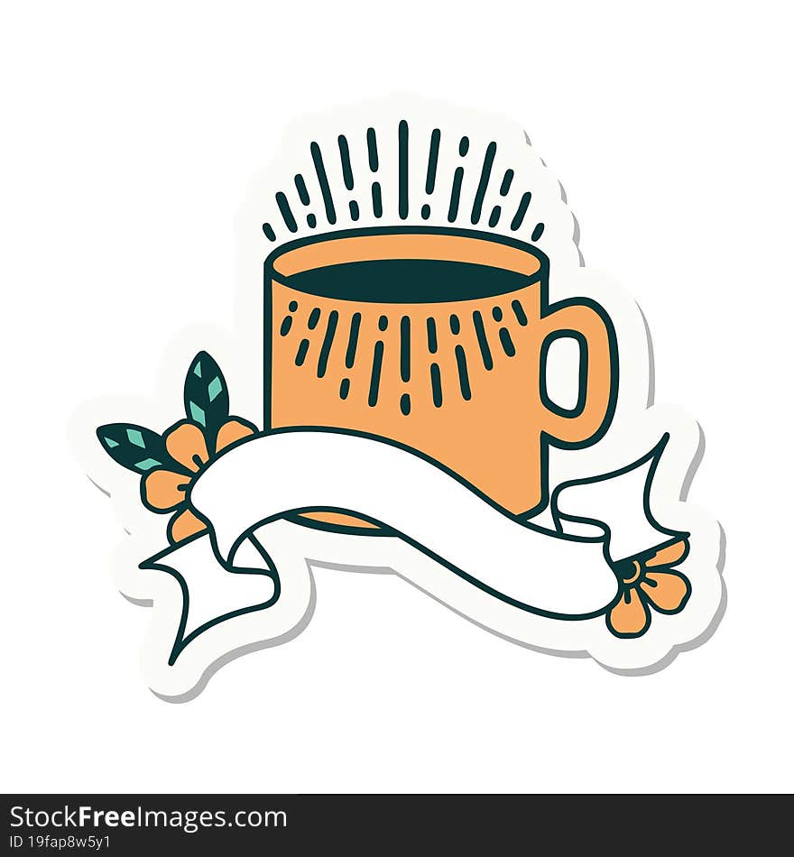 Tattoo Sticker With Banner Of Cup Of Coffee