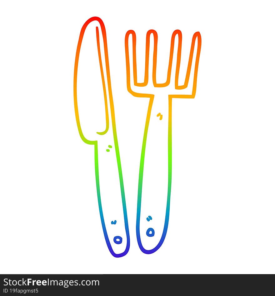 rainbow gradient line drawing cartoon knife and fork