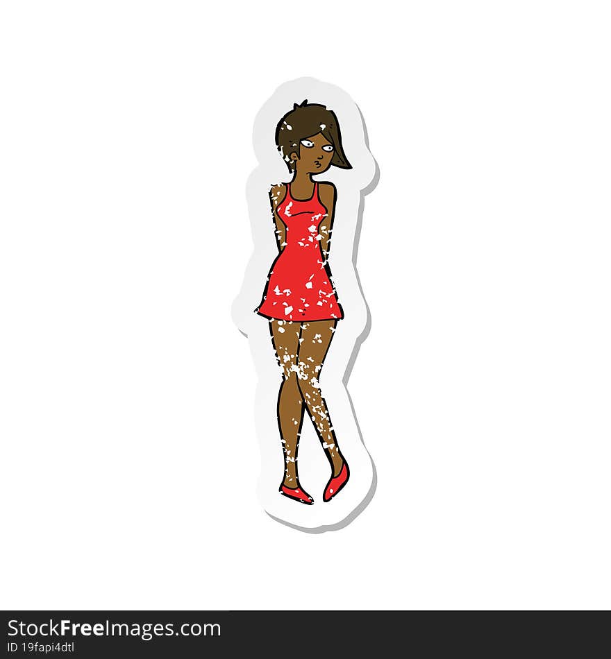 retro distressed sticker of a cartoon pretty woman in dress