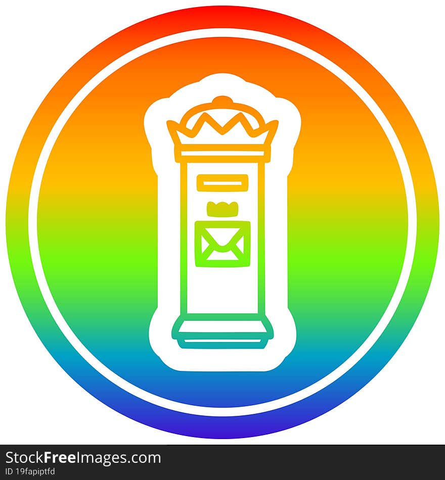 British postbox circular in rainbow spectrum