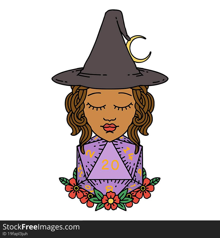 Human Witch With Natural Twenty Dice Roll Illustration