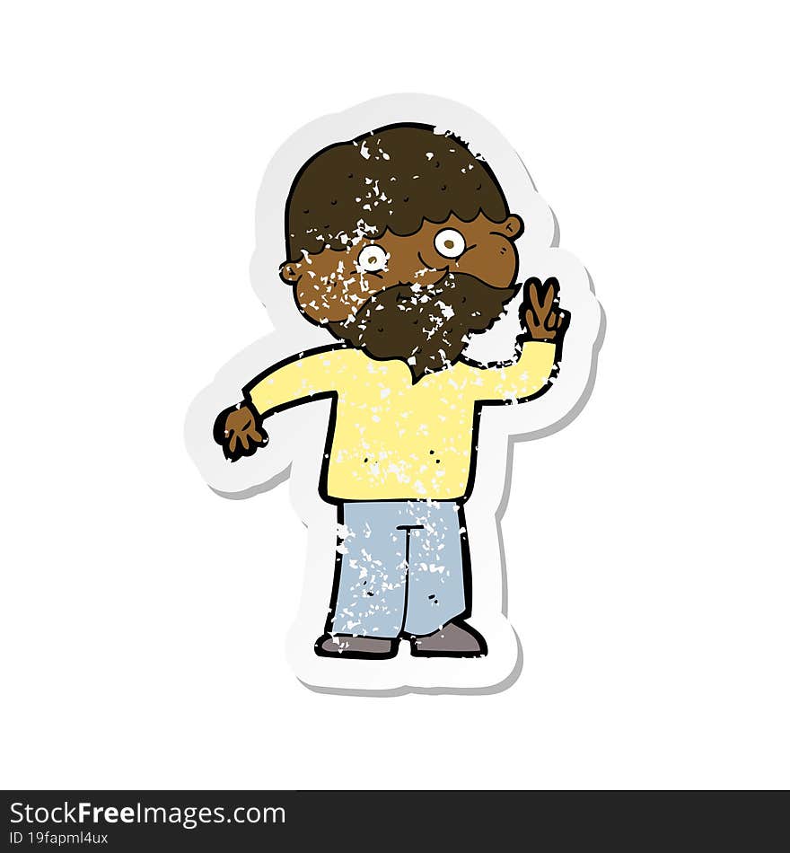 retro distressed sticker of a cartoon man giving peace sign