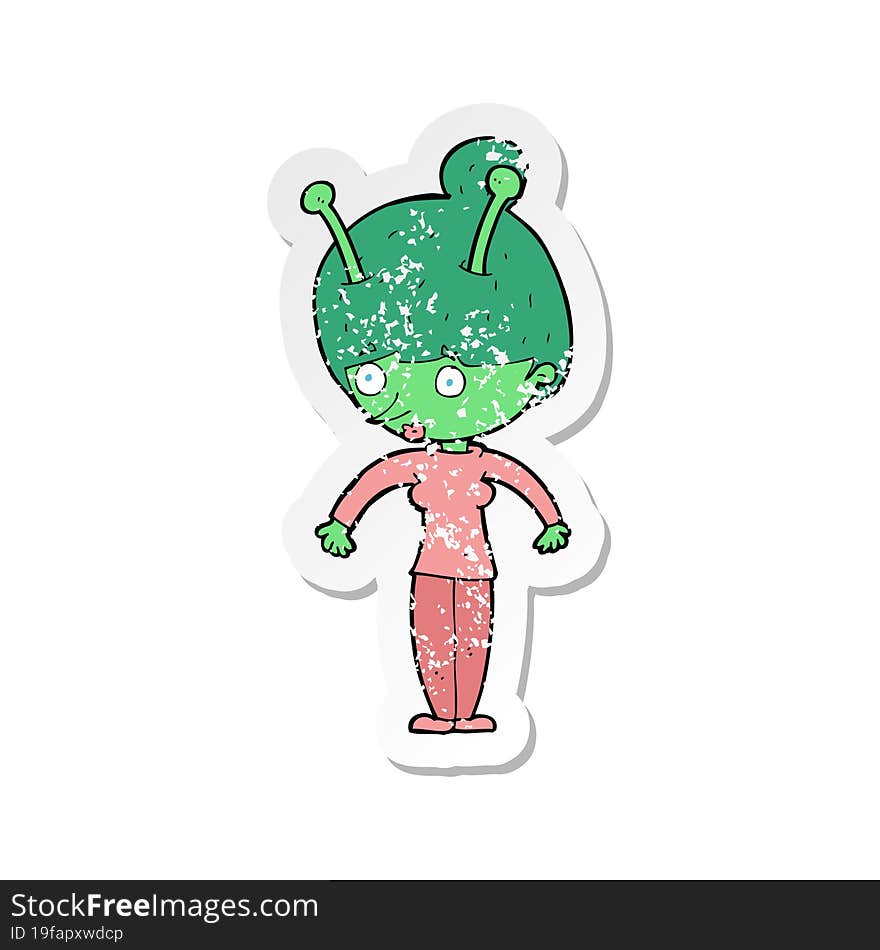 retro distressed sticker of a cartoon alien woman