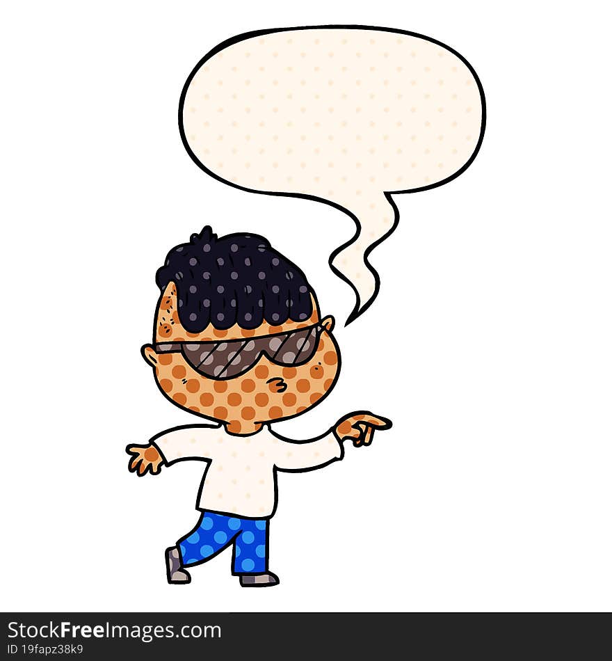 cartoon boy wearing sunglasses pointing and speech bubble in comic book style