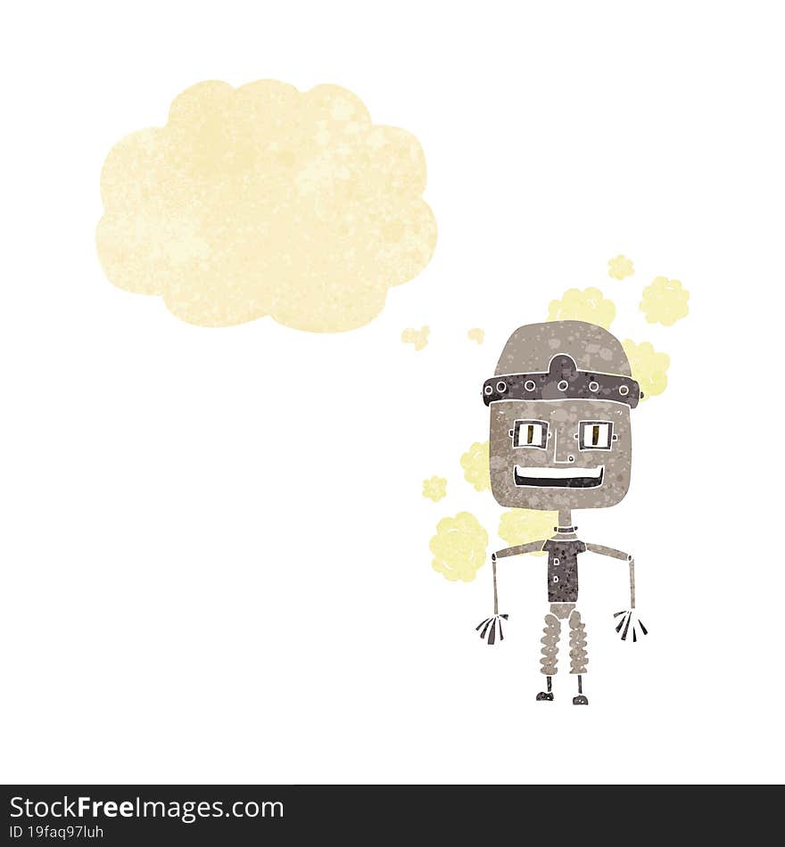 funny cartoon old robot with thought bubble