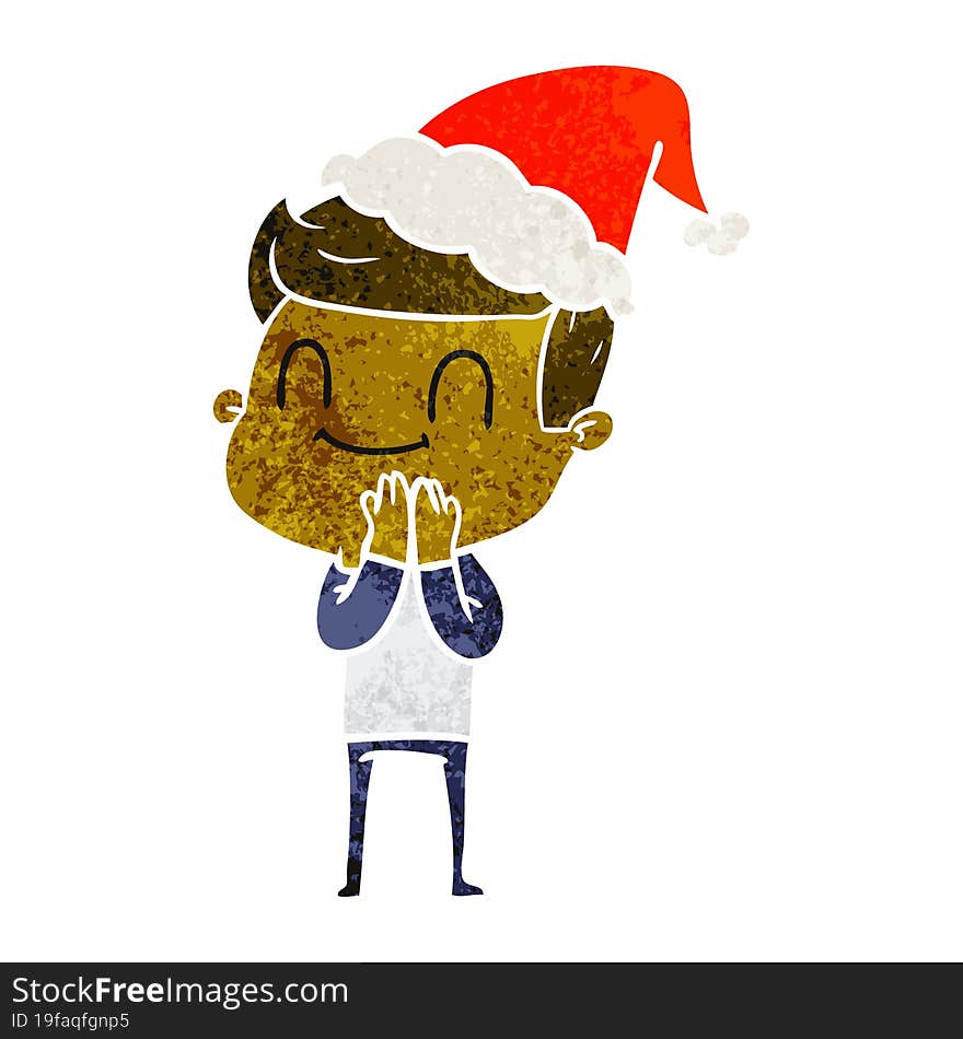 hand drawn retro cartoon of a friendly man wearing santa hat