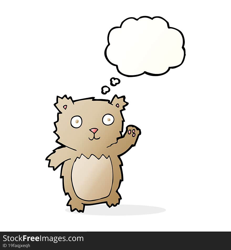 cartoon waving teddy bear with thought bubble