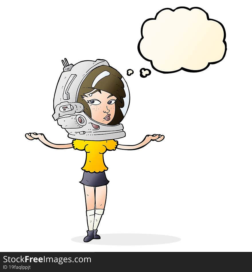 cartoon woman wearing space helmet with thought bubble