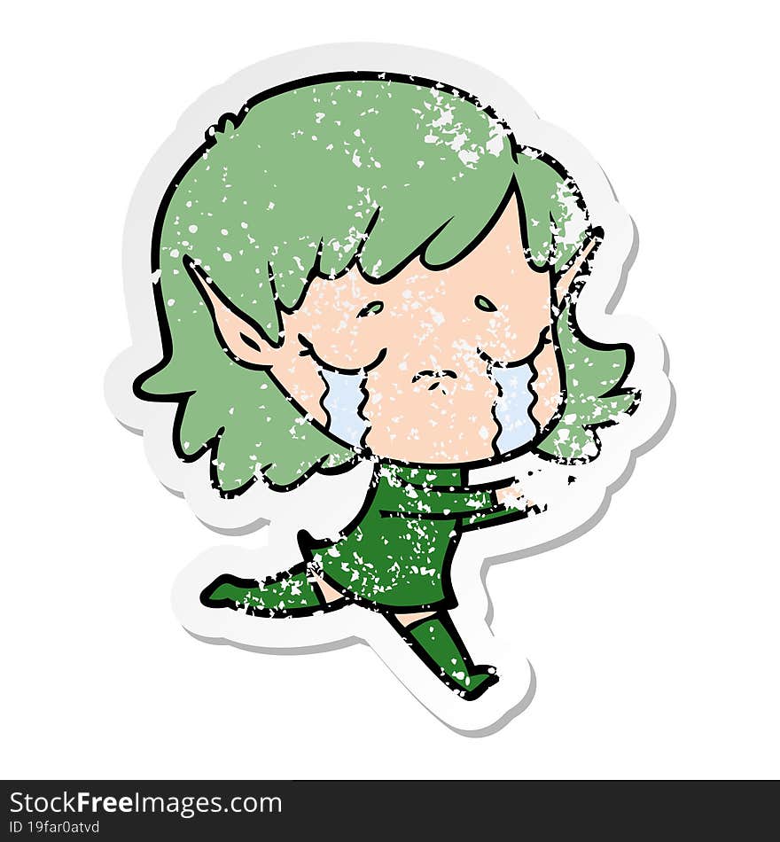 Distressed Sticker Of A Cartoon Crying Elf Girl