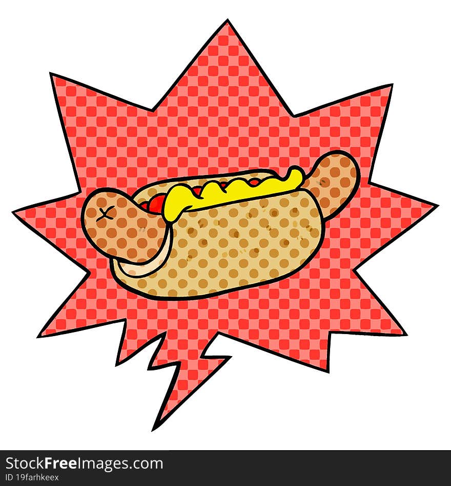 cartoon fresh tasty hot dog and speech bubble in comic book style