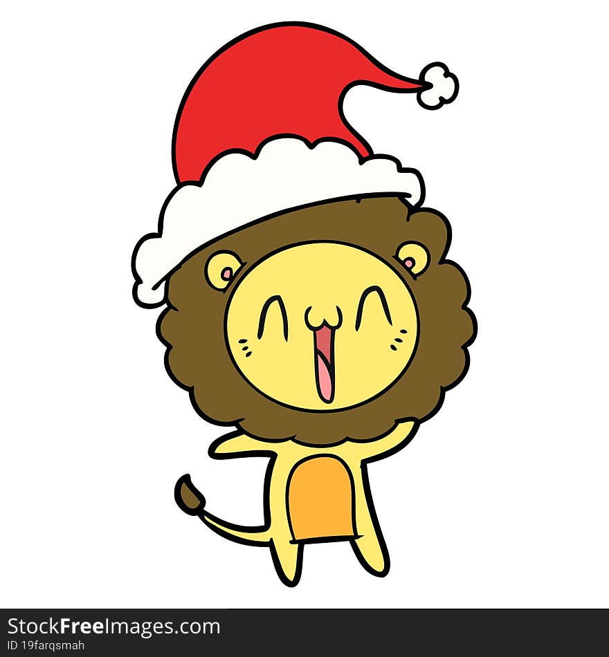 happy line drawing of a lion wearing santa hat