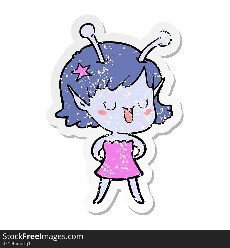 distressed sticker of a happy alien girl cartoon