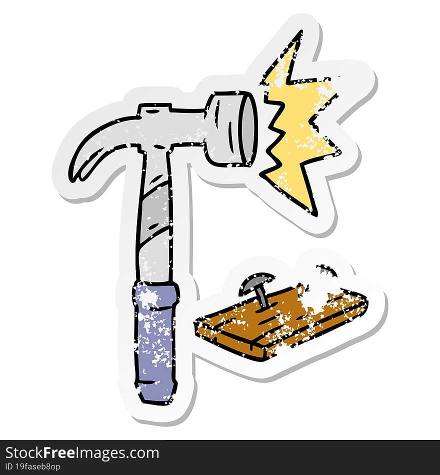 distressed sticker cartoon doodle of a hammer and nails