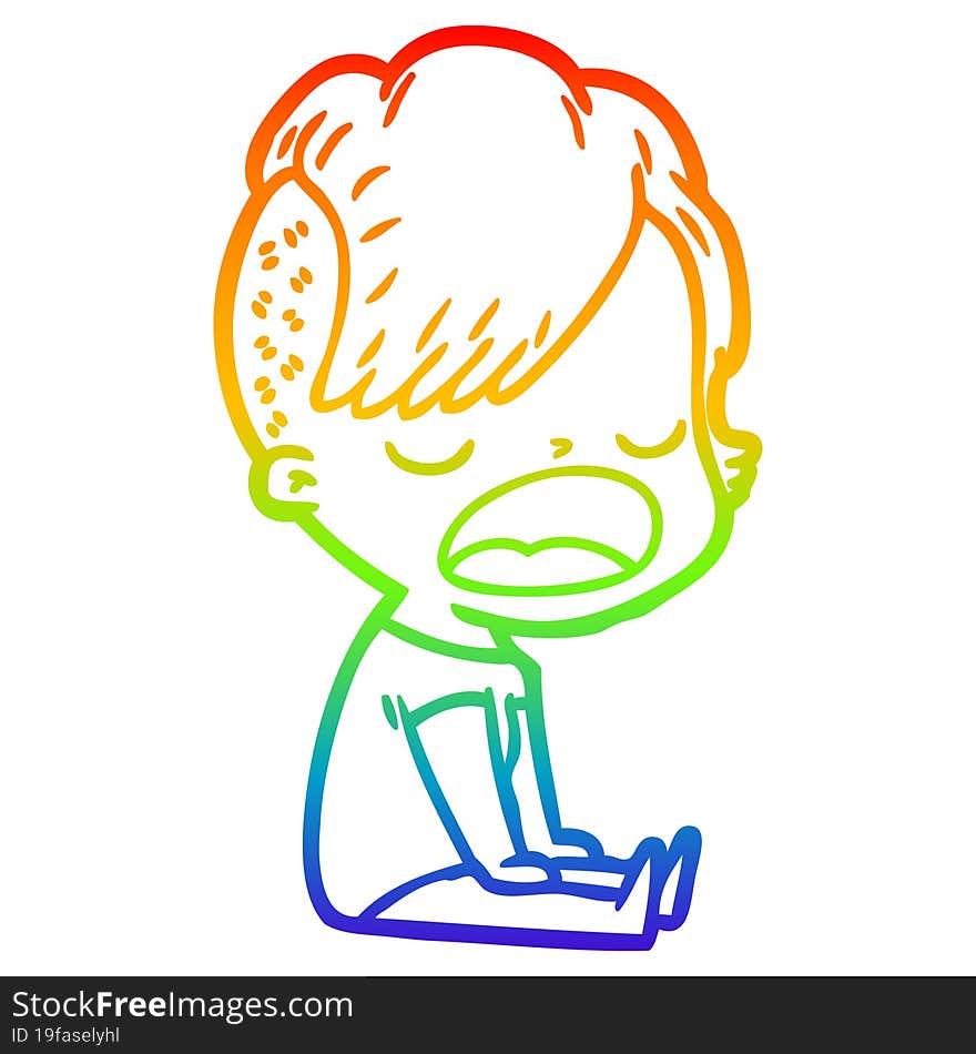 rainbow gradient line drawing of a cartoon cool hipster girl talking