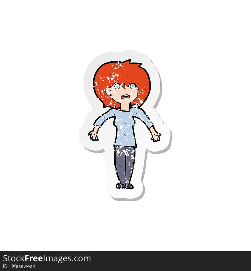 Retro Distressed Sticker Of A Cartoon Woman Shrugging Shoulders