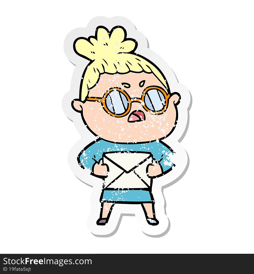 distressed sticker of a cartoon annoyed woman