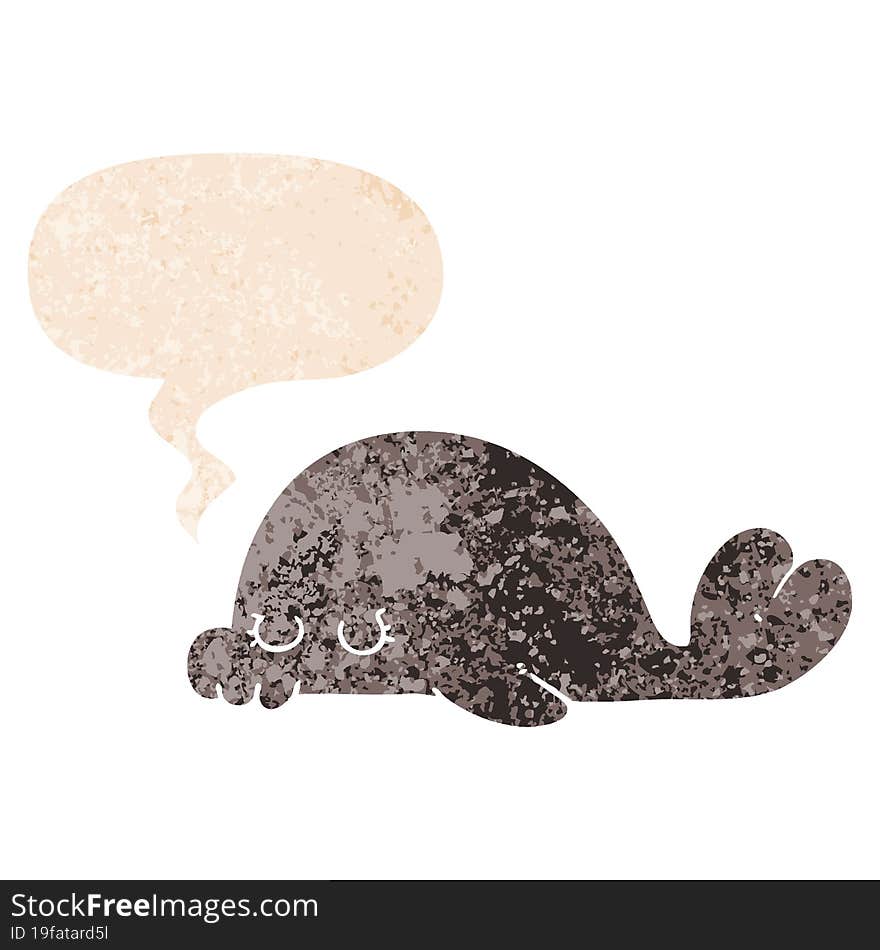 cartoon seal and speech bubble in retro textured style