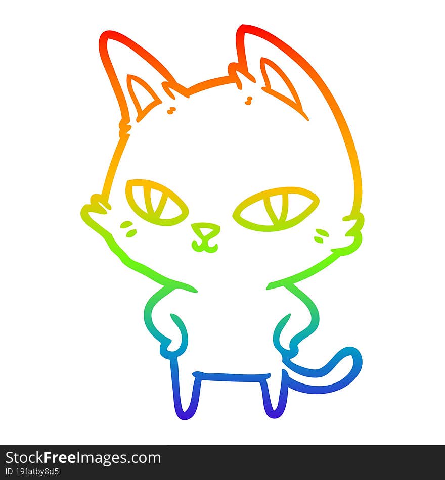 Rainbow Gradient Line Drawing Cartoon Cat With Bright Eyes