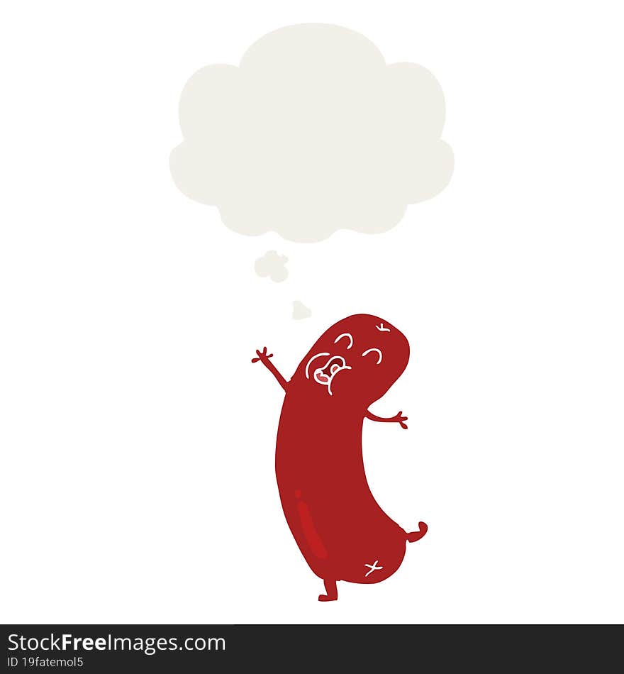 cartoon dancing sausage and thought bubble in retro style