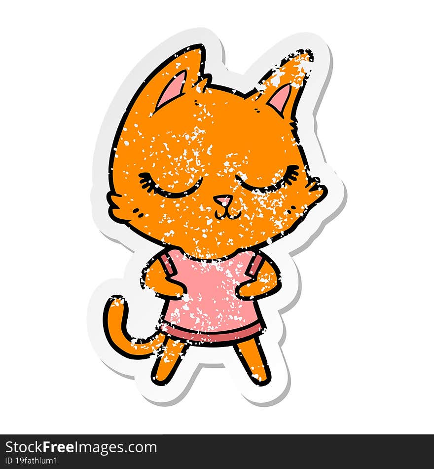 distressed sticker of a calm cartoon cat