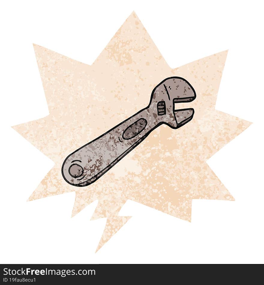 cartoon spanner and speech bubble in retro textured style