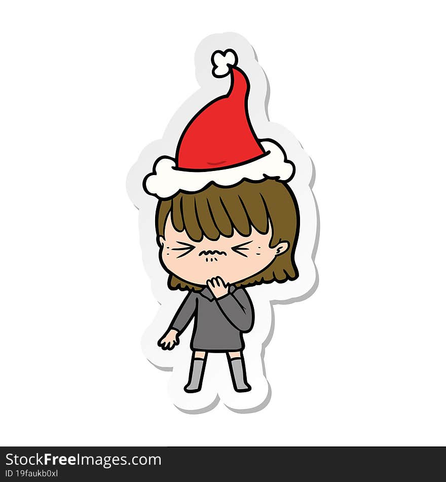 hand drawn sticker cartoon of a girl regretting a mistake wearing santa hat