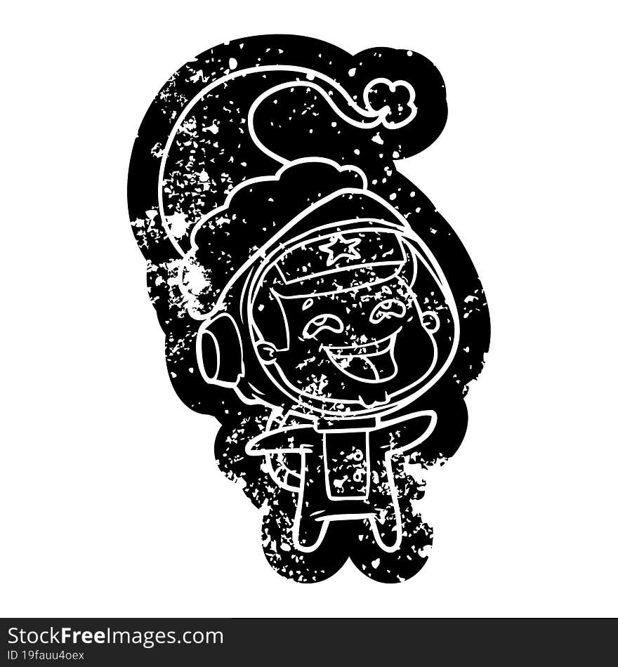 quirky cartoon distressed icon of a laughing astronaut wearing santa hat