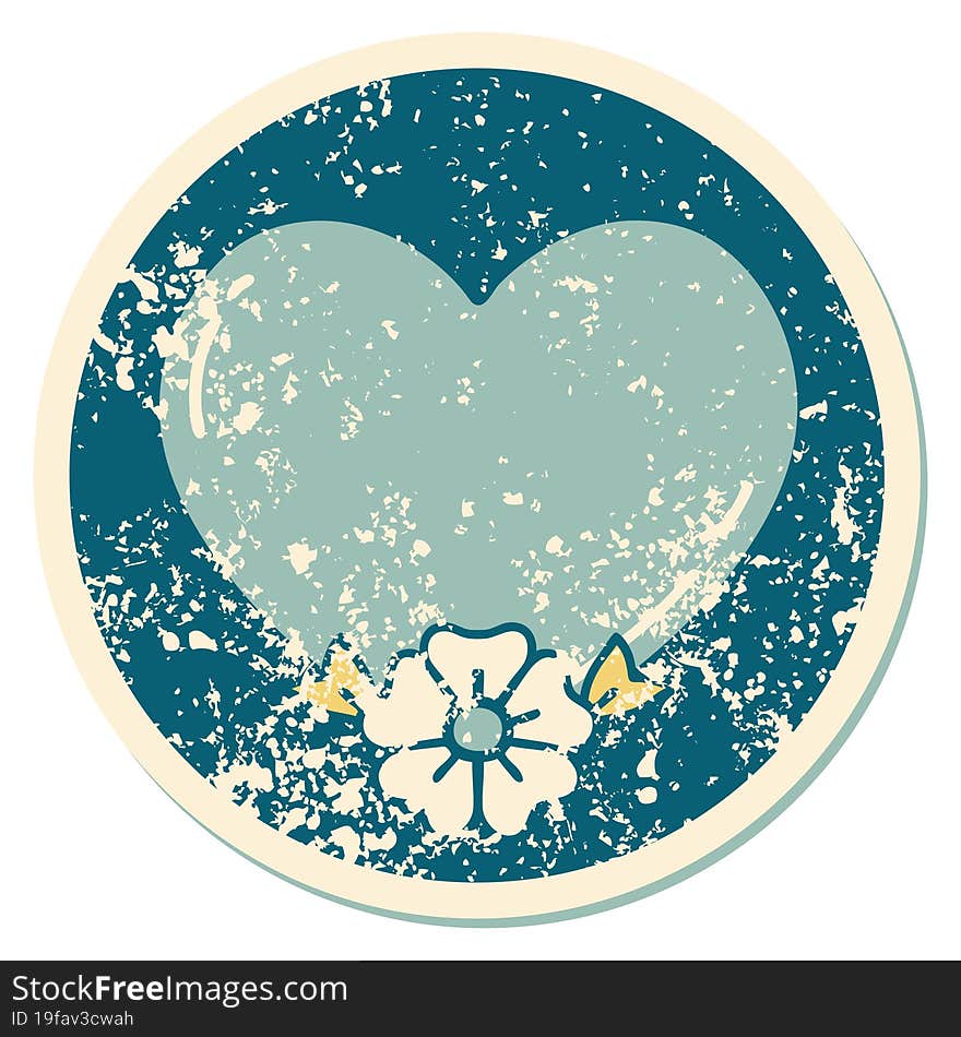 iconic distressed sticker tattoo style image of a heart and flower. iconic distressed sticker tattoo style image of a heart and flower