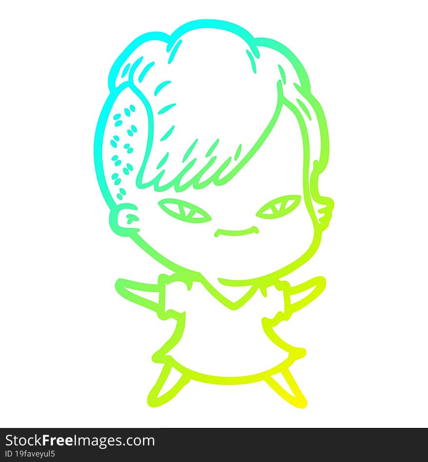 cold gradient line drawing of a cute cartoon girl with hipster haircut