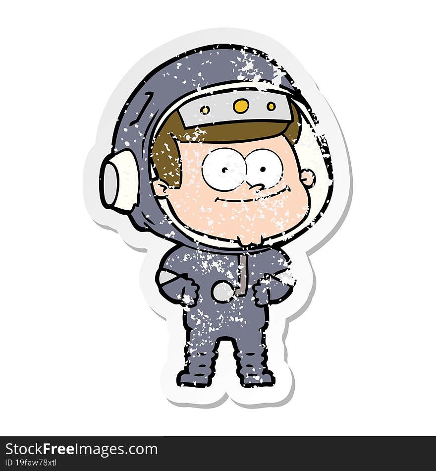 distressed sticker of a happy astronaut cartoon