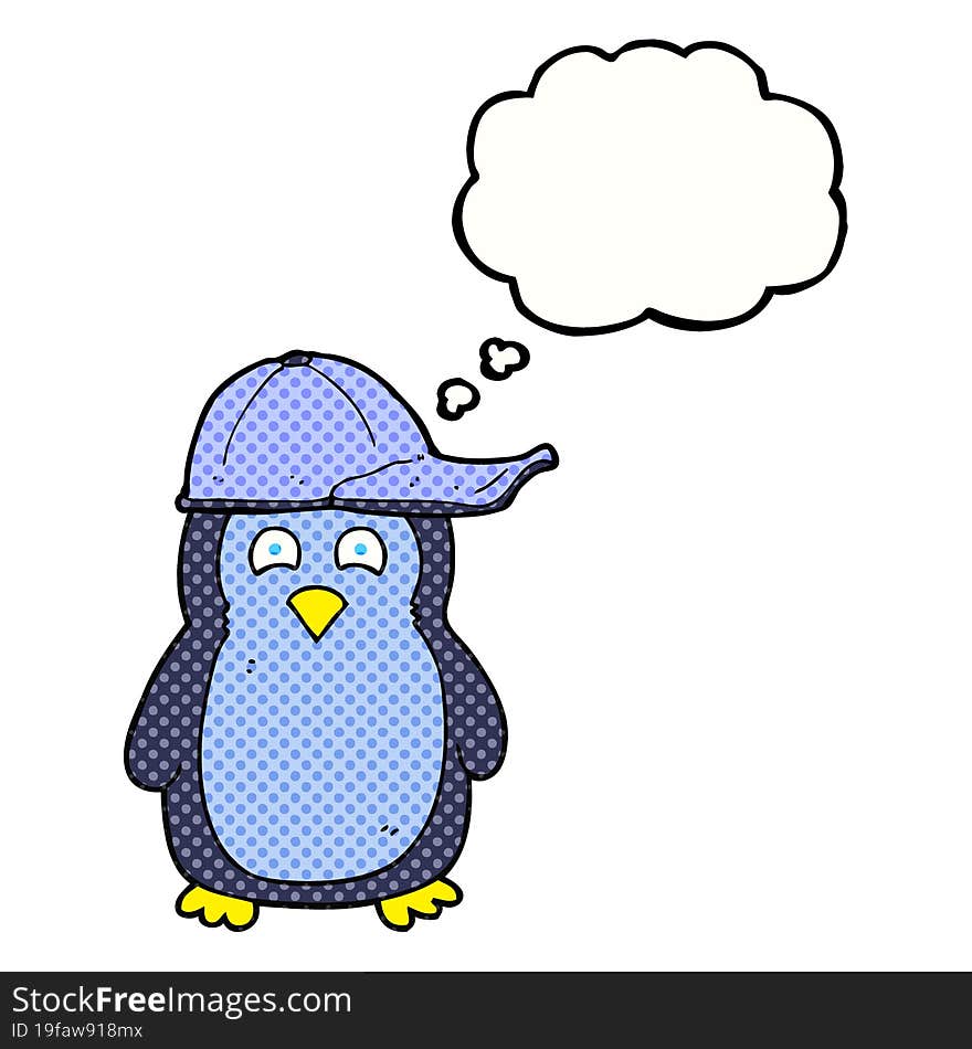 thought bubble cartoon penguin wearing hat