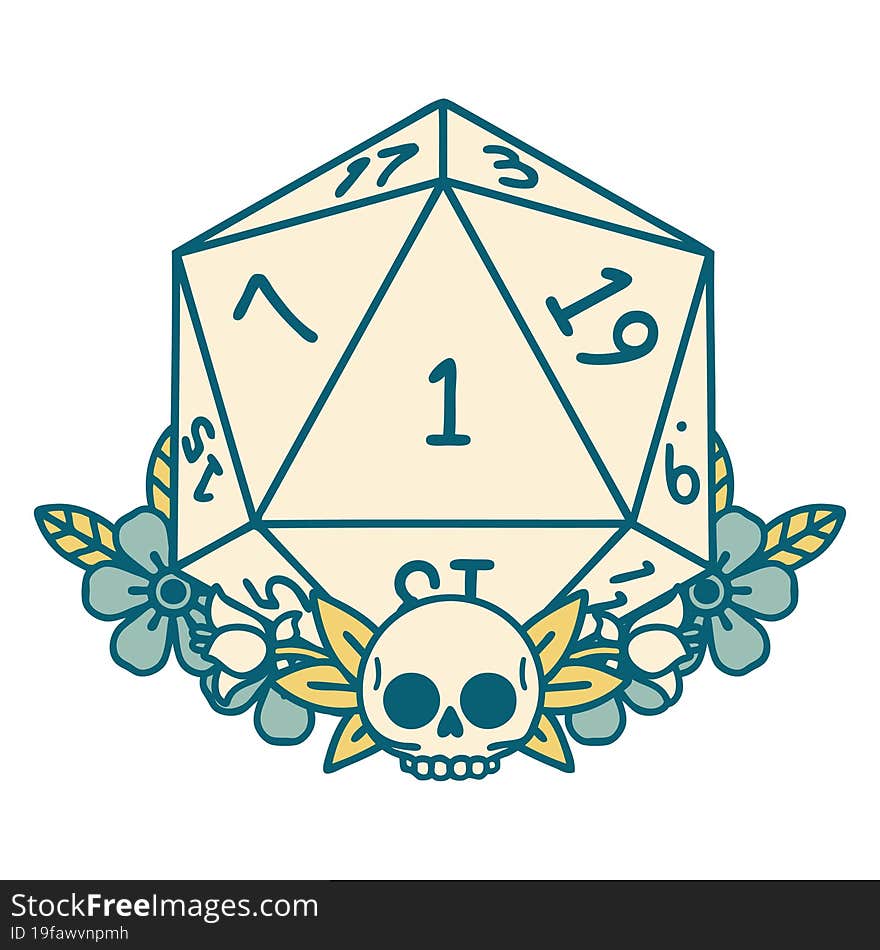 natural one dice roll with floral elements illustration