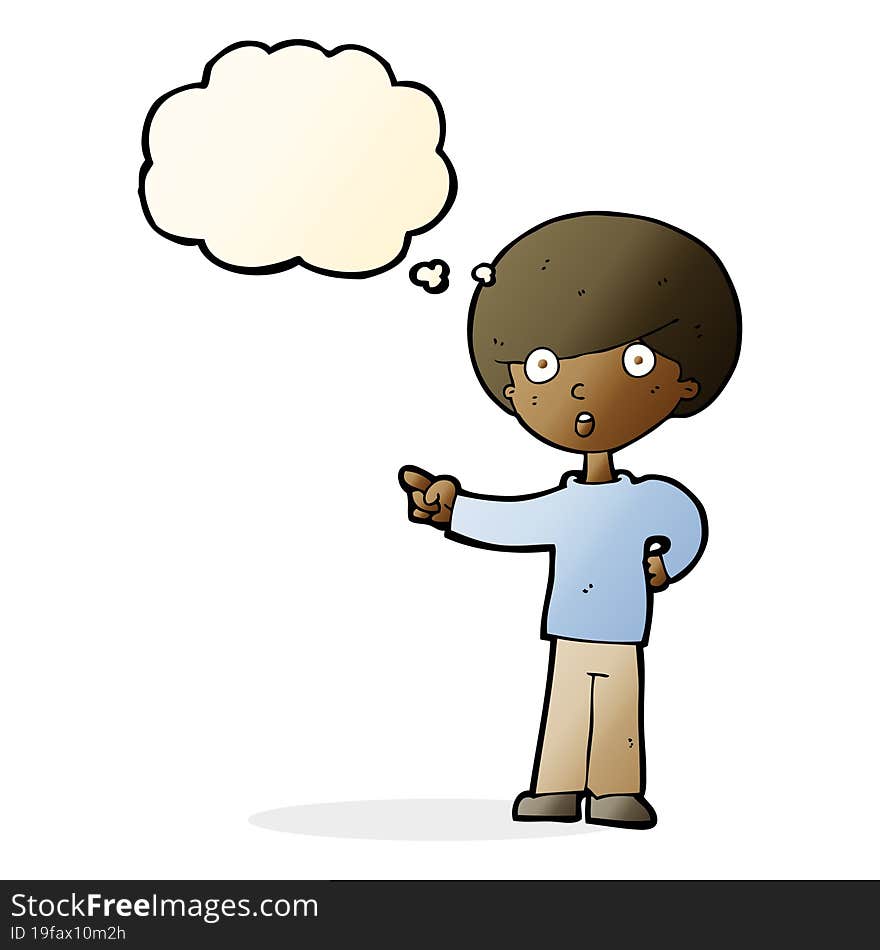 cartoon pointing boy with thought bubble