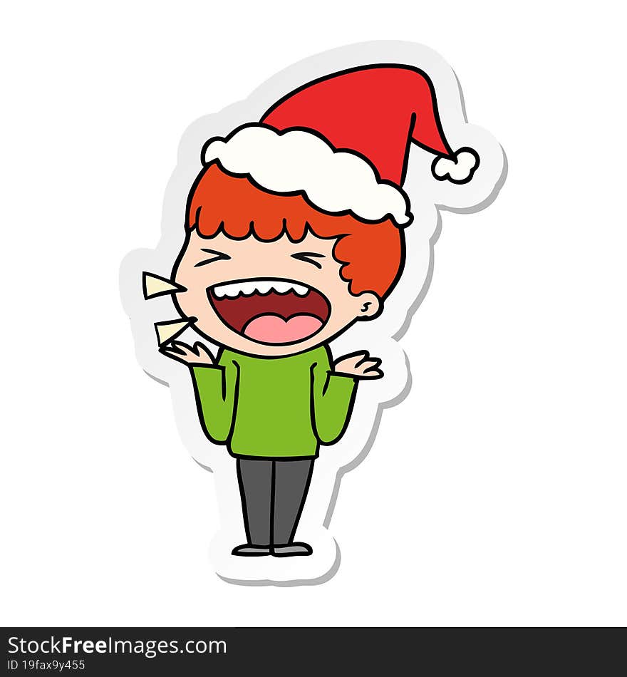 sticker cartoon of a laughing man wearing santa hat