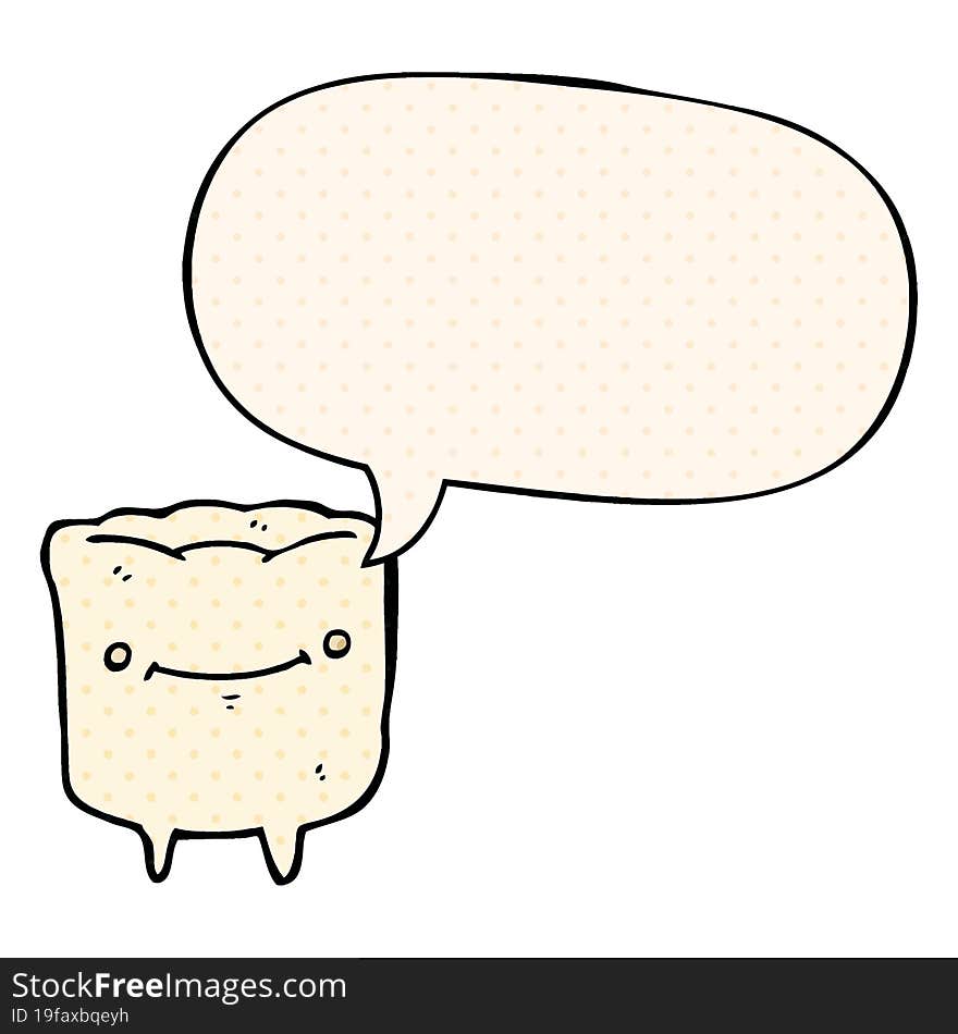 cartoon happy tooth and speech bubble in comic book style