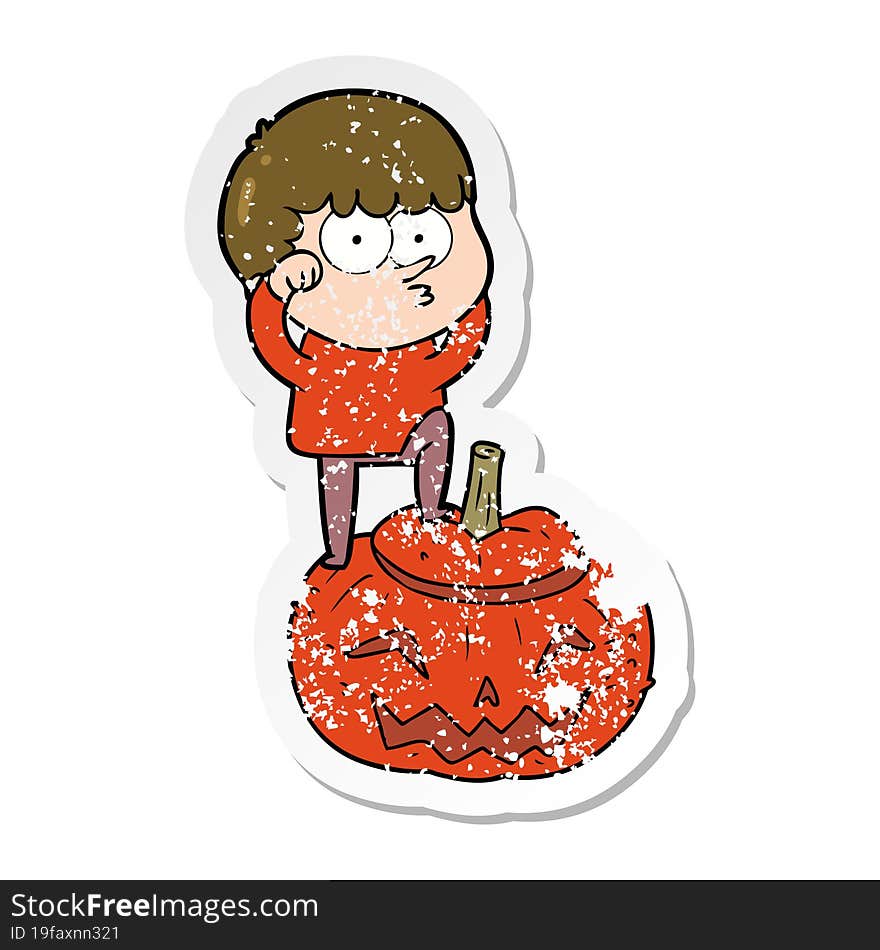 distressed sticker of a cartoon boy on huge pumpkin