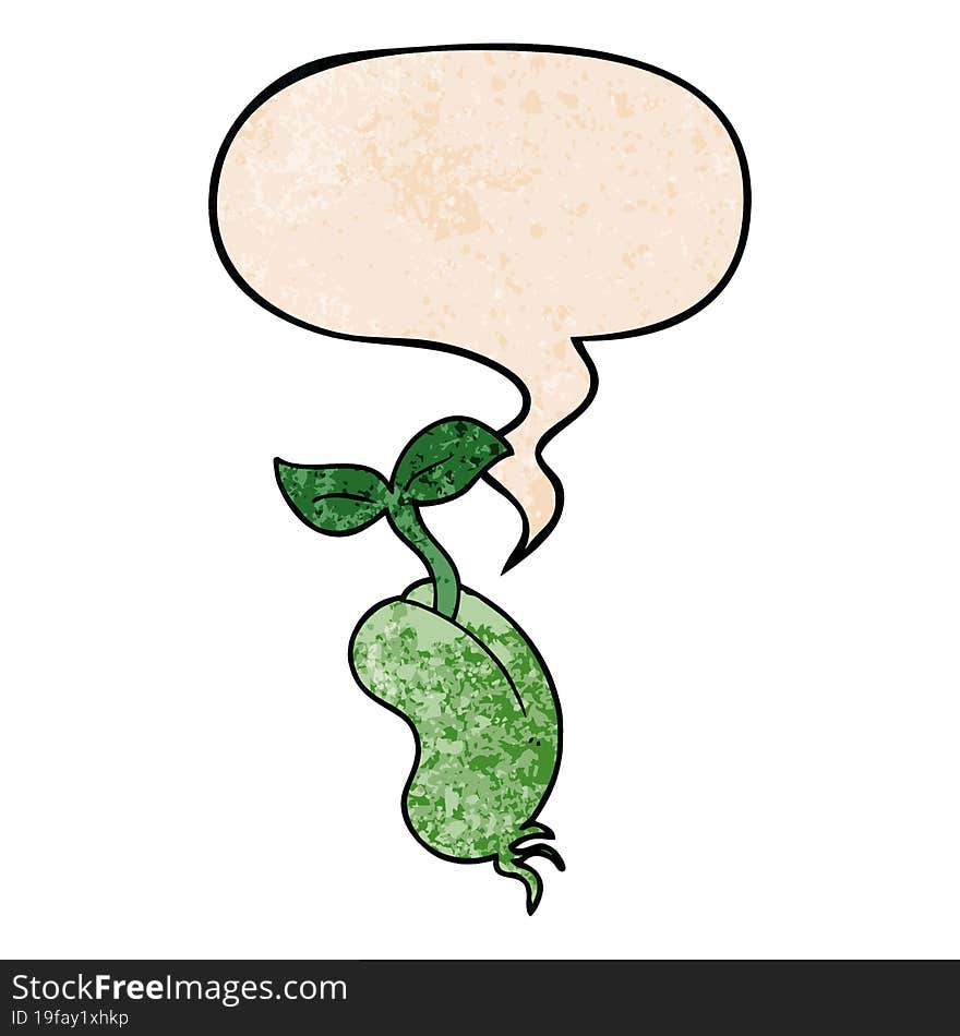 cartoon sprouting seed and speech bubble in retro texture style