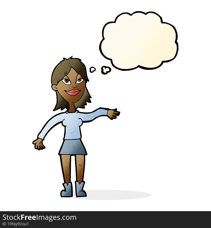 cartoon woman making hand gesture with thought bubble