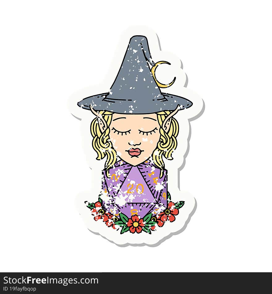 grunge sticker of a elf mage character with natural twenty dice roll. grunge sticker of a elf mage character with natural twenty dice roll