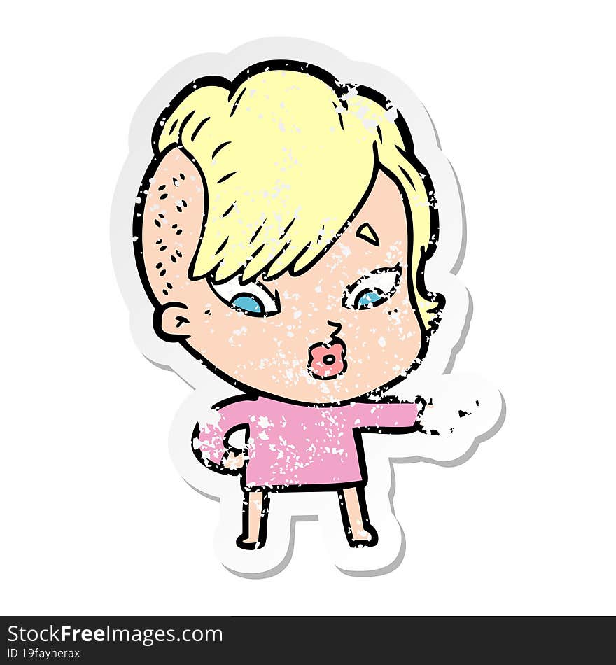 distressed sticker of a cartoon surprised girl pointing