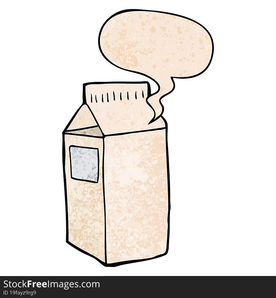 cartoon milk carton with speech bubble in retro texture style