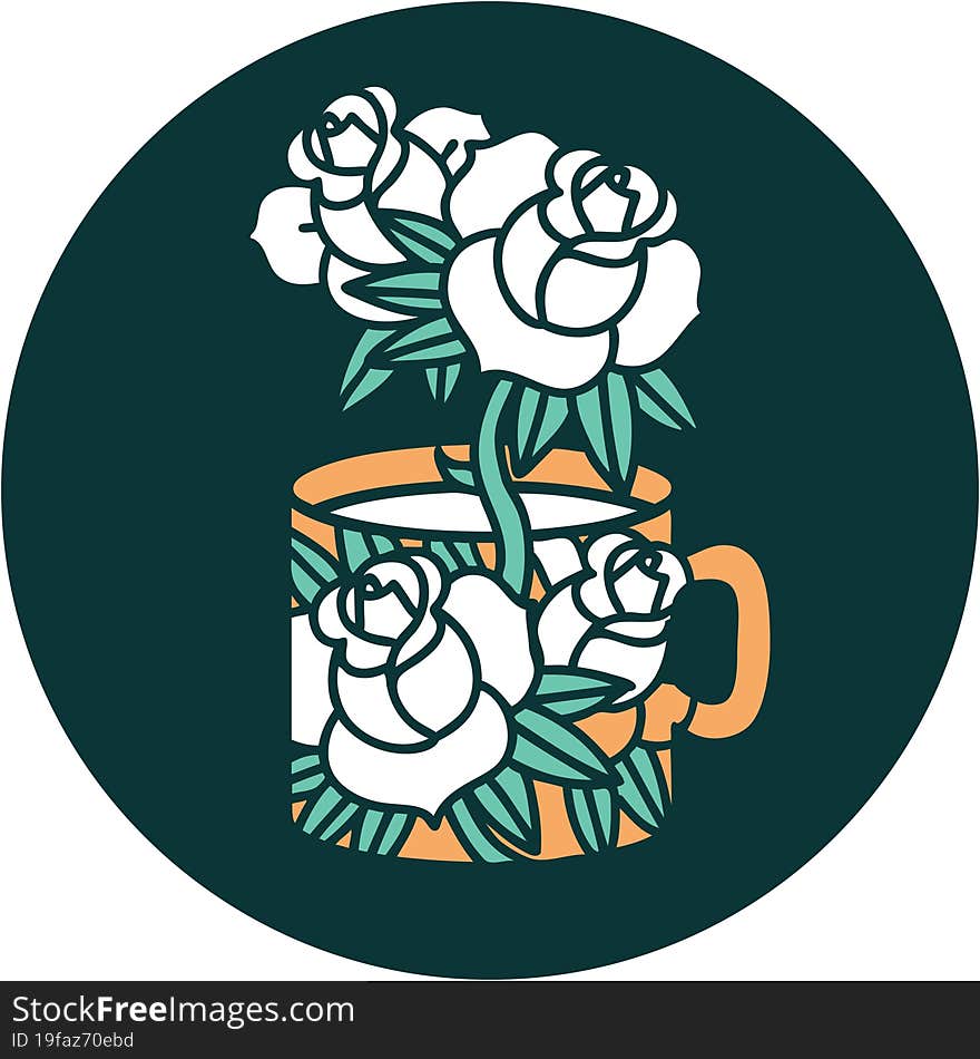 Tattoo Style Icon Of A Cup And Flowers