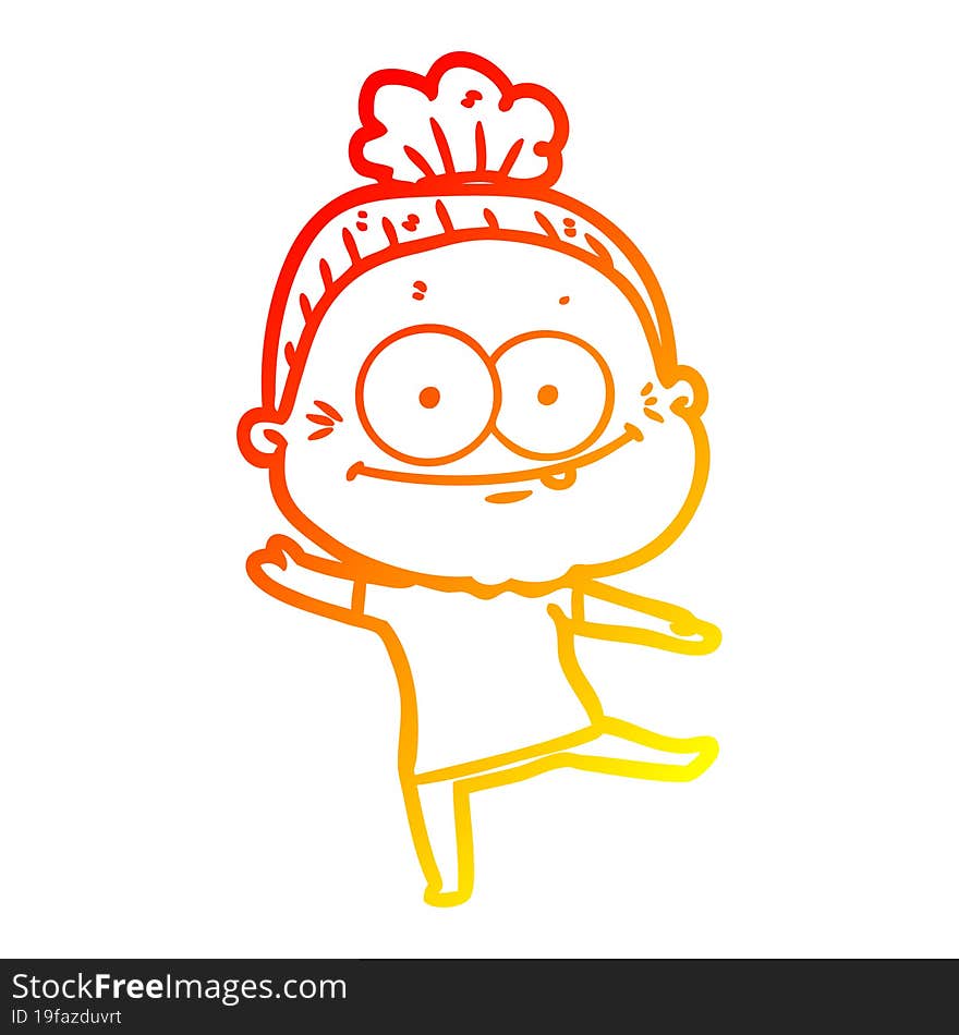 warm gradient line drawing of a cartoon happy old woman