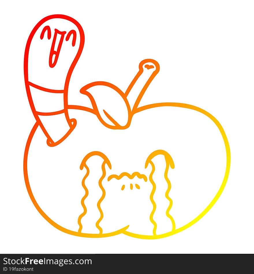 warm gradient line drawing cartoon worm eating an apple