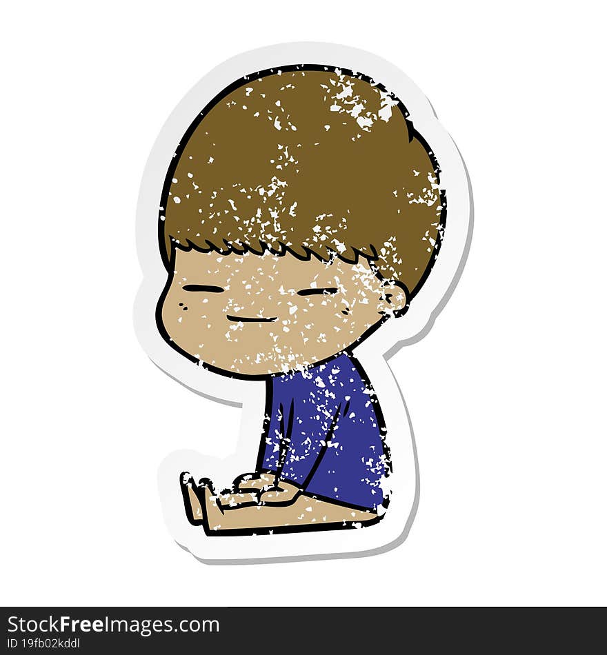 Distressed Sticker Of A Cartoon Smug Boy Sitting