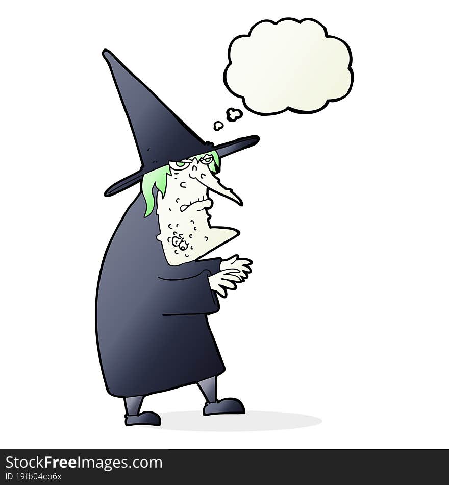 Cartoon Ugly Old Witch With Thought Bubble