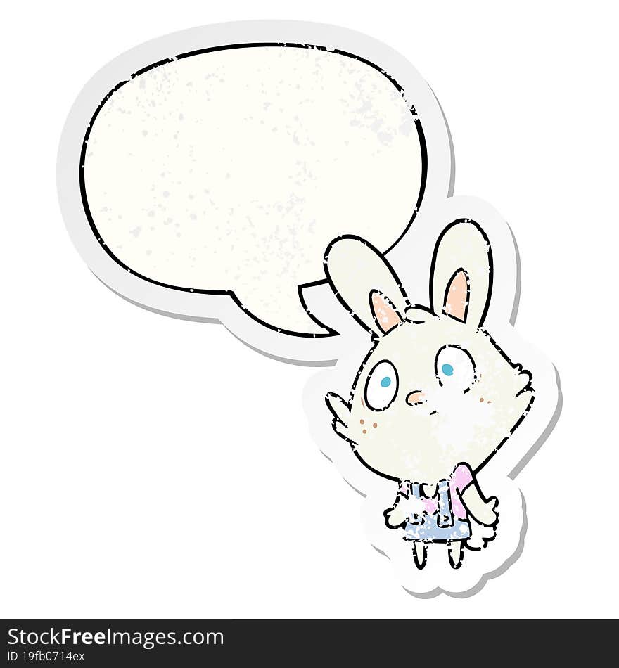 cute cartoon rabbit shrugging shoulders and speech bubble distressed sticker