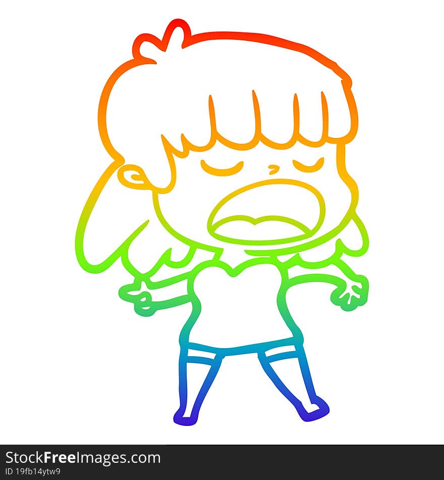 rainbow gradient line drawing of a cartoon woman talking loudly