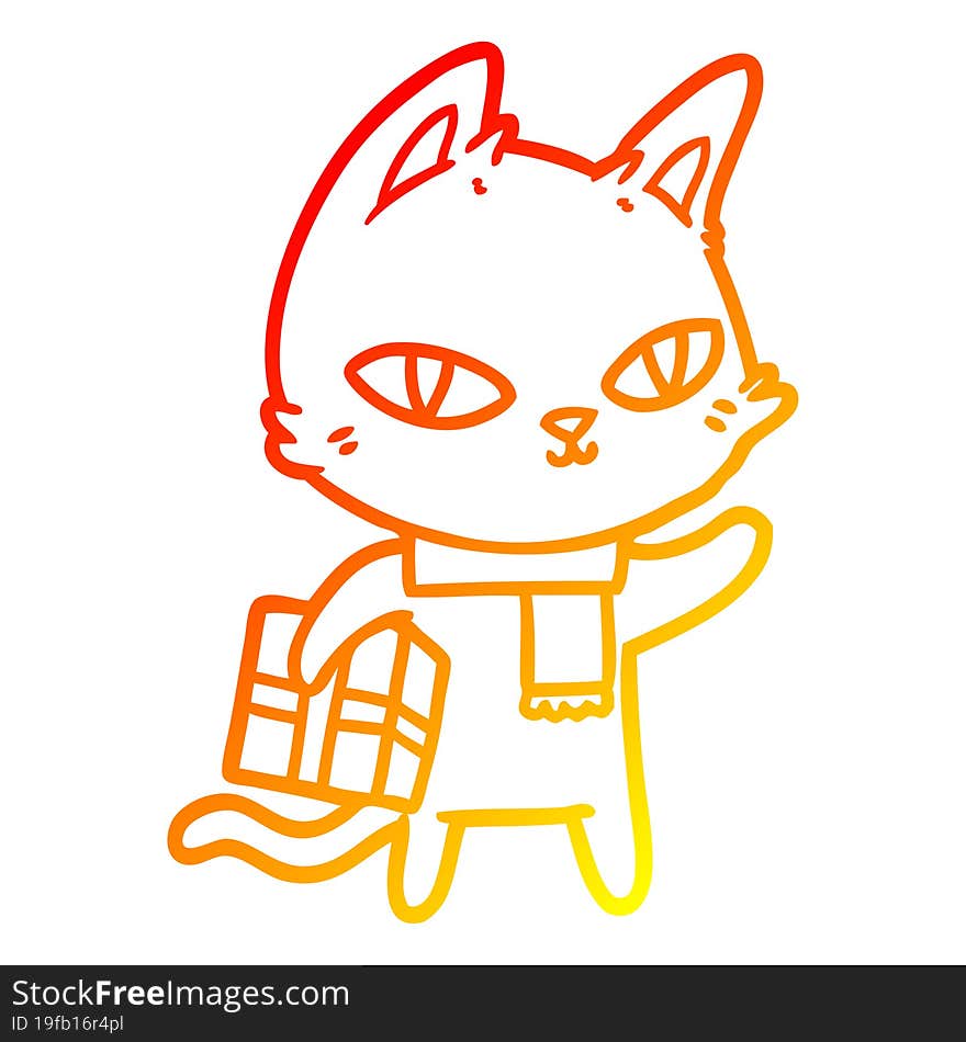 warm gradient line drawing cartoon cat with gift